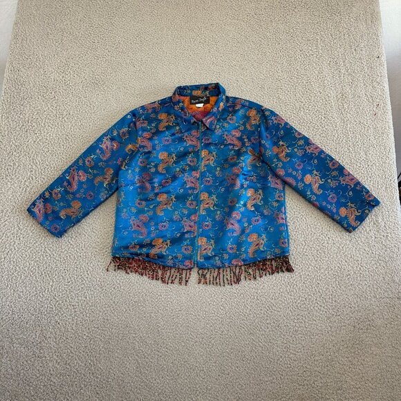 Vintage Bonnie Boynton Crop Blazer Jacket Silky Asian Paisley Tasseled Boho - Picture 9 of 16